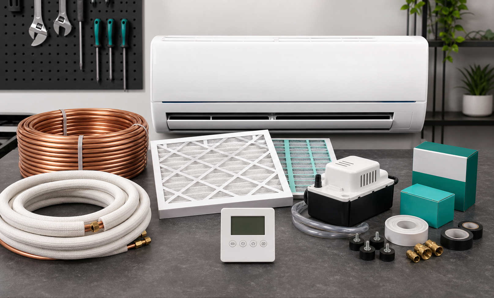 HVAC units, filters, copper pipes, controls and spare parts